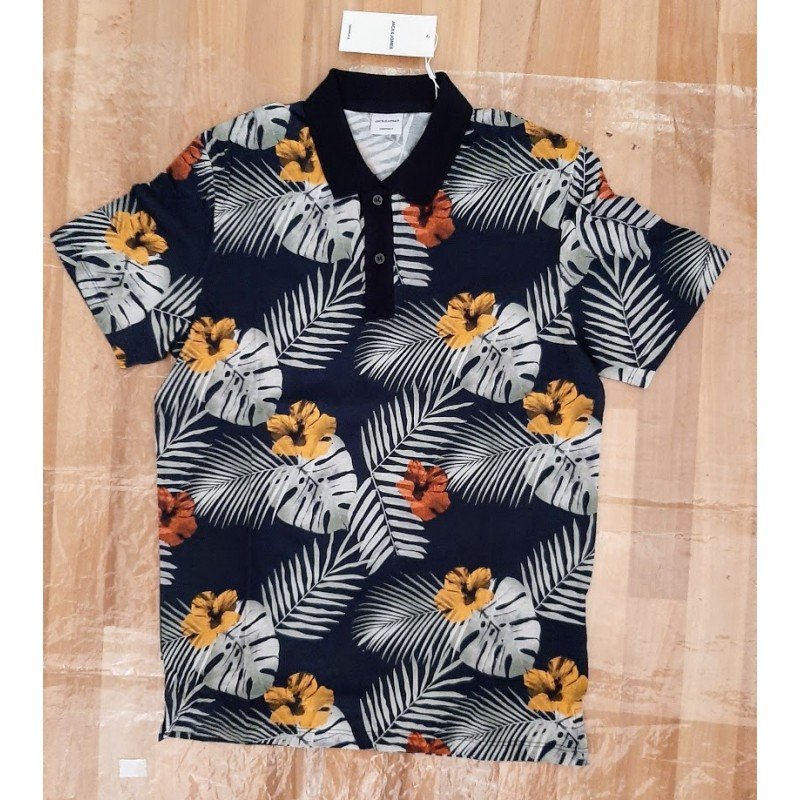 Poloshirt/Heren t-shirt met grote bladeren en bloemen