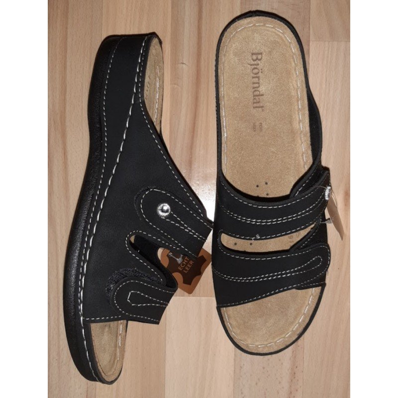 Women's slipper Bjorndal 'health slipper' black 5 cm sole with velcro - genuine leather