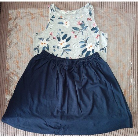 Girls set: Girls tank top gray with blue flowers and dark blue skirt