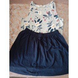 Meisjesset maat 146: Meisjes tanktop grijs met blauwe bloemen en donkerblauwe rok