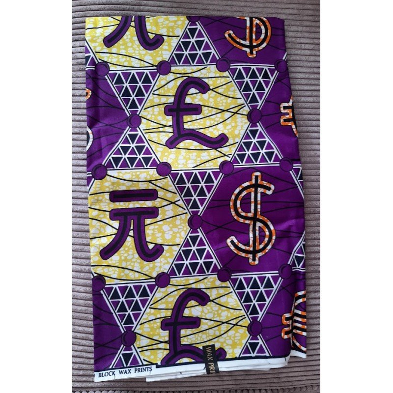 Clothing fabric dark purple with dollar and pound sign African print