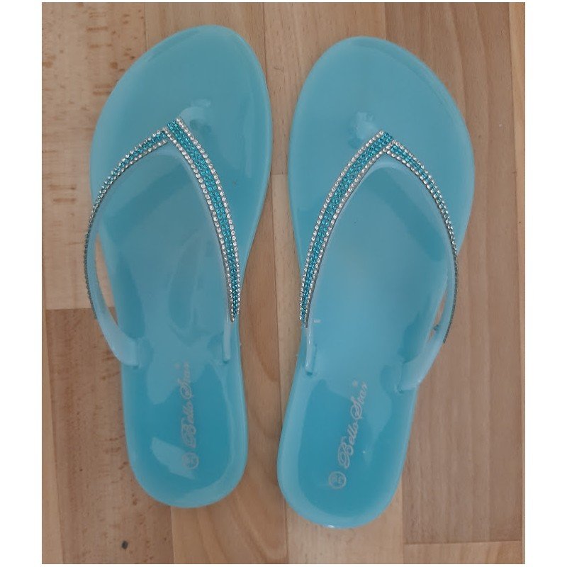 Damesslipper blauw met zilverkleurige en blauwe steentjes